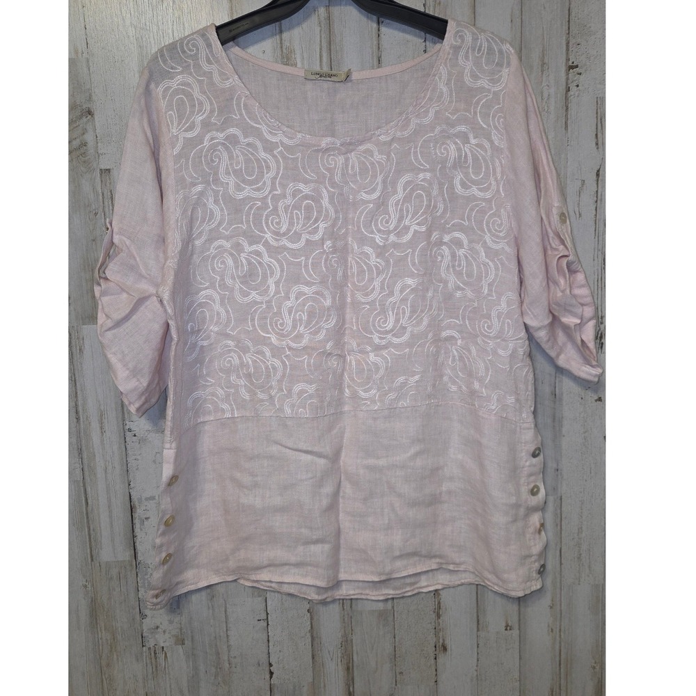 Lungo L'Arno size L Pale Pink 100% Linen Embroidered Top Blouse Tunic
